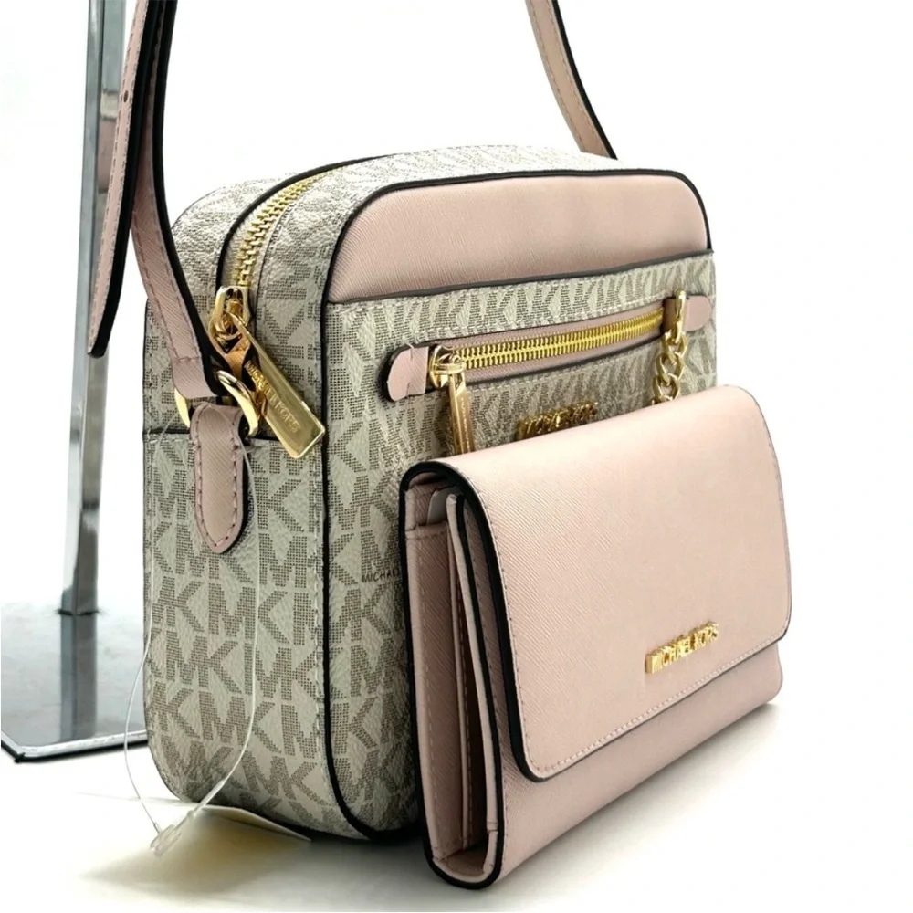Michael Kors Jet Set LG Signature Logo Crossbody Bag & Matching Trifold Wallet - Picture 4 of 14